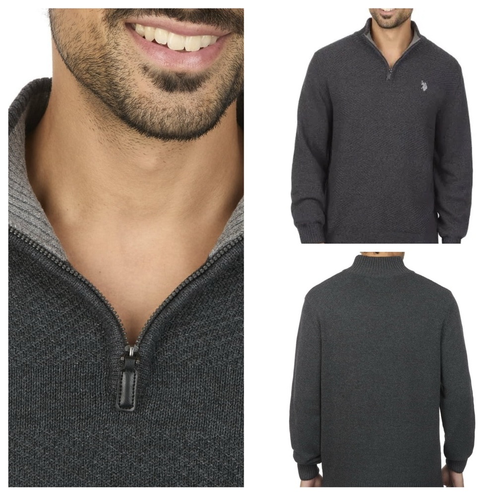 U.S POLO ASSN Men's
Textured Quarter Zip Sweater, Charcoal, XLarge, Long Sleeve